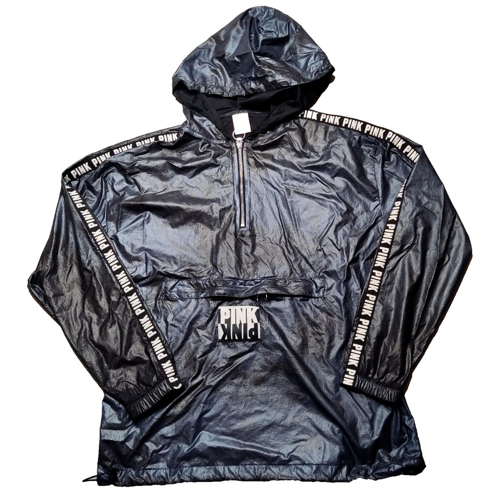 PINK VICTORIAS SECRET Women XS/S Black Blue Shiny Pullover Windbreaker Hoodie
